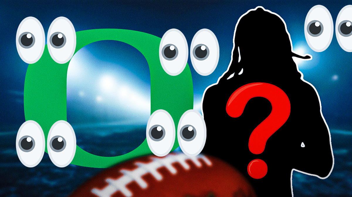 Silhouette of Hough High School CB Samari Matthews, Oregon Ducks logo in background, eyes symbols surrounding the silhouette