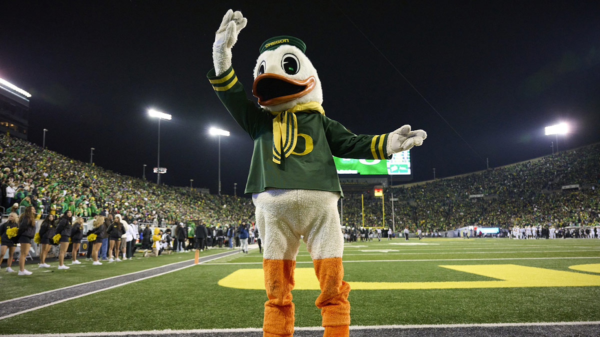 Puddles the Oregon Ducks mascot takes a bow during the second half against the Washington Huskies at Autzen Stadium.