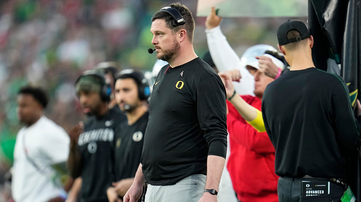 Oregon Ducks head coach Dan Lanning watches from the sideline during the College Football Playoff quarterfinal against the Ohio State Buckeyes at the Rose Bowl in Pasadena, Calif. on Jan. 1, 2025. Ohio State won 41-21.
