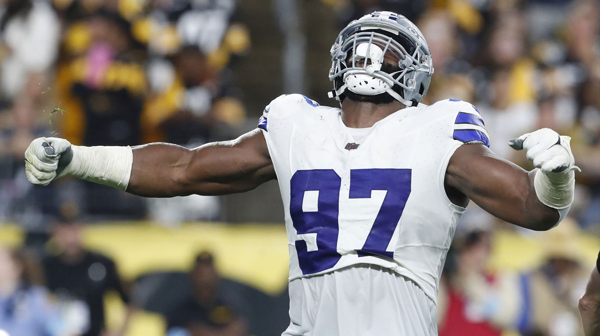 Oct 6, 2024; Pittsburgh, Pennsylvania, USA; Dallas Cowboys defensive tackle Osa Odighizuwa (97) reacts to sacking Pittsburgh Steelers quarterback Justin Fields (not pictured) during the second quarter at Acrisure Stadium.