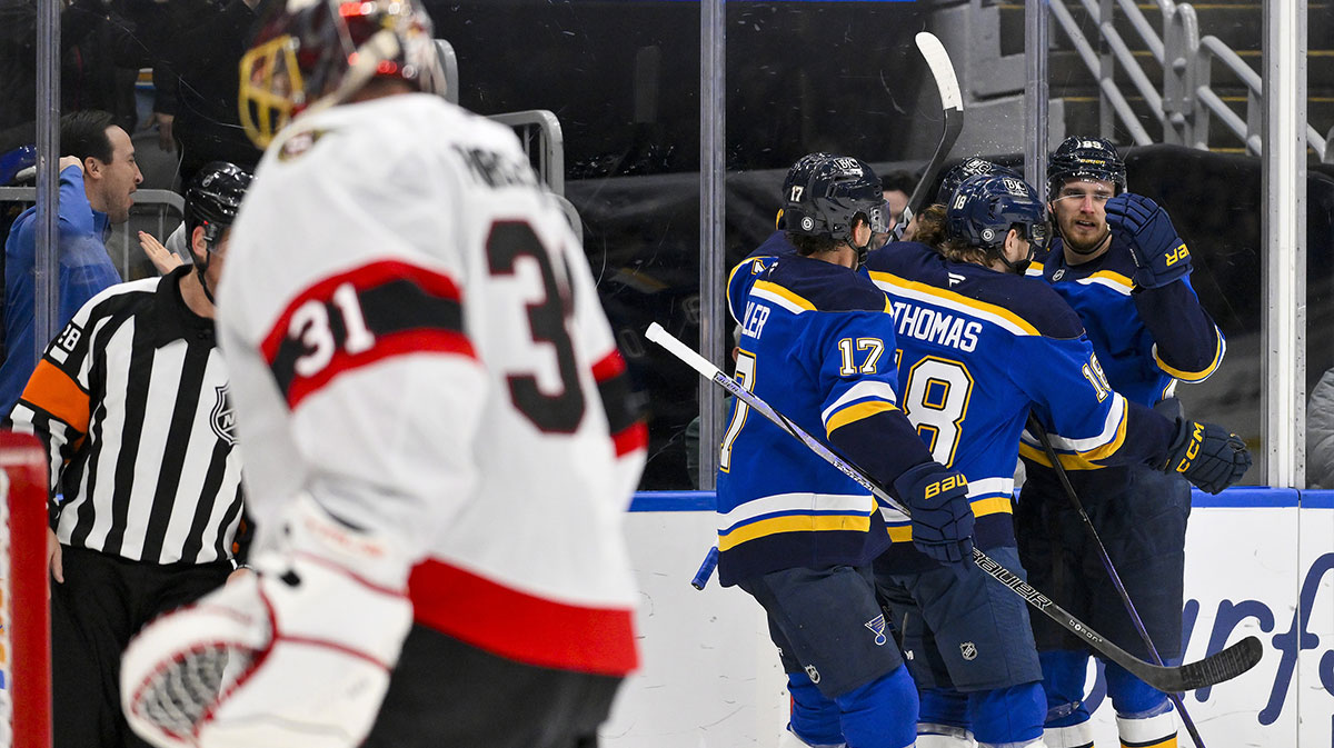 St. Louis Blues left wing Brandon Saad (20) is congratulated by teammates after scoring against Ottawa Senators goaltender Anton Forsberg (31) during the second period at Enterprise Center.