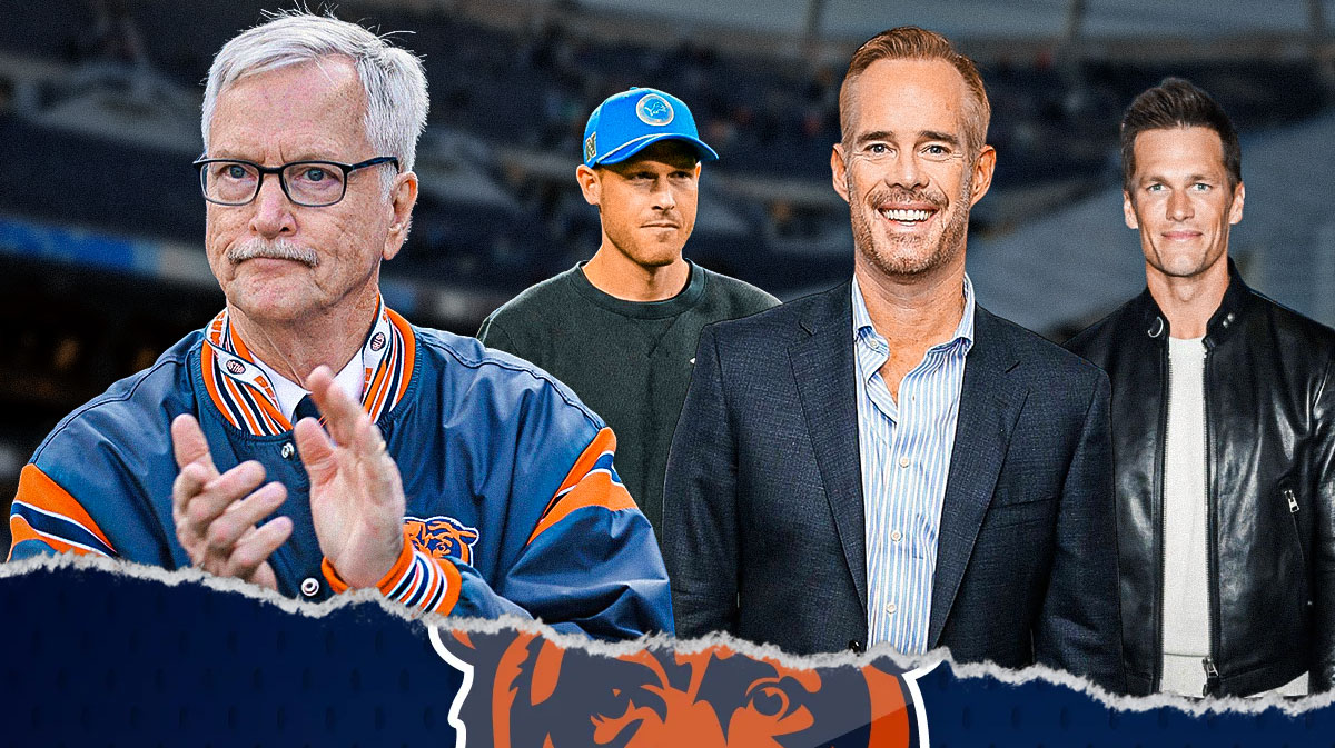 George McCaskey next to Bears logo, next to Joe Buck, Tom Brady and Ben Johnson.