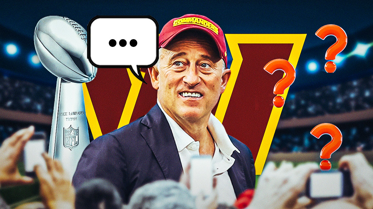 Washington Commanders co-owner Josh Harris with a speech bubble that has the three dots emoji inside. He is next to a Lombardi Trophy. Harris and the trophy are surrounded by question mark emojis. There is also a logo for the Washington Commanders.