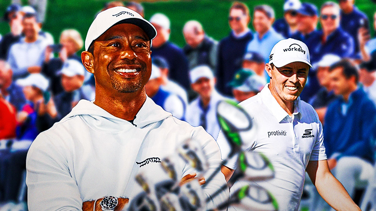 tiger woods smiling with matt fitzpatrick in background pga tour 2k25