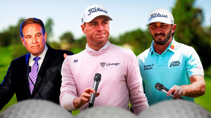 justin thomas, max homa holding microphones next to jim nantz