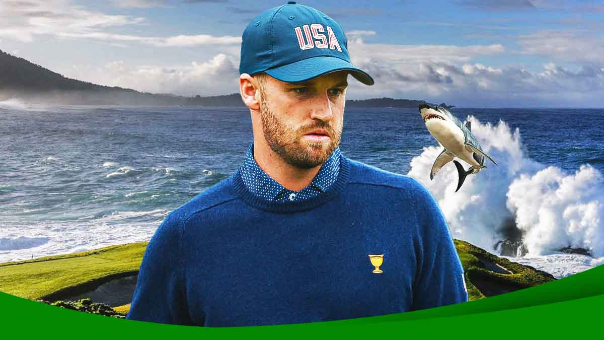 wyndham clark at pebble beach with shark jumping out of the water