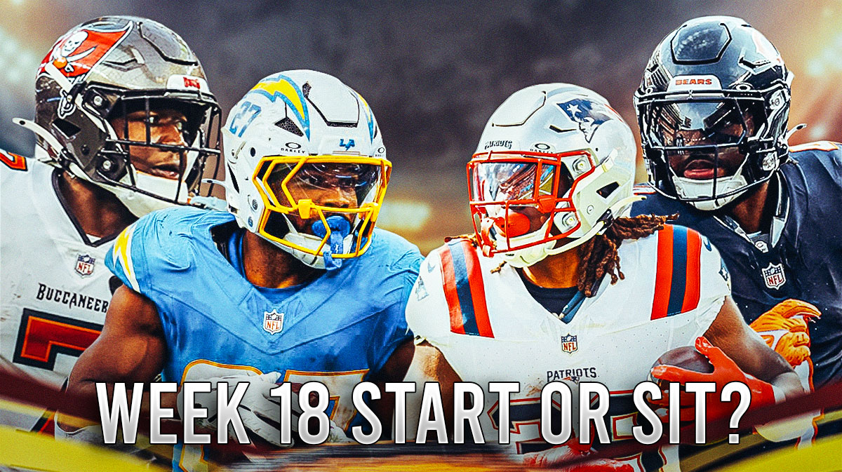 Here we have fantasy football Running Backs Bucky Irving, JK Dobbins, D’Andre Swift, and Rhamondre Stevenson with the NFL wallpaper background.