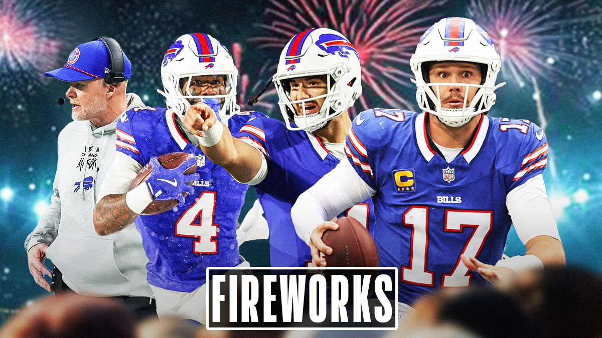 Josh Allen, Mitch Trubisky, James Cook, Sean McDermott all beside each other and clear skies in the background.
