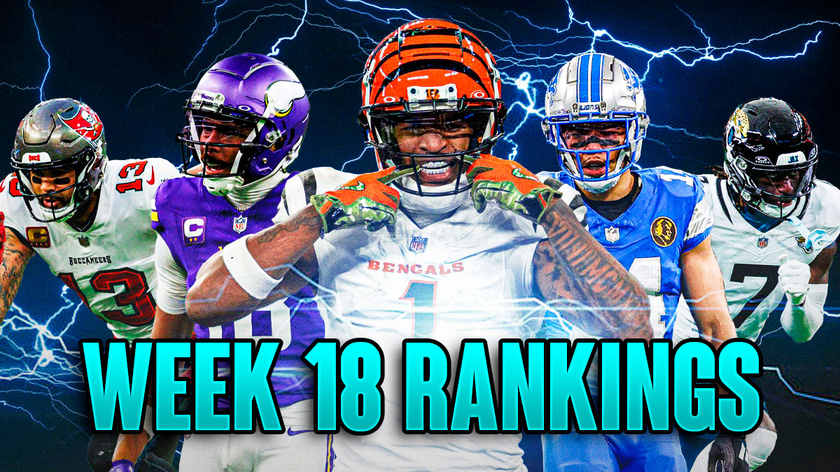 Fantasy Football Wide Receivers Ja'Marr Chase, Justin Jefferson, Amon-Ra St. Brown, Mike Evans, Brian Thomas Jr are all beside each other with electricity in the background.