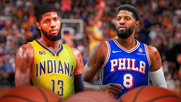 Paul George in a Pacers uniform next to him in a 76ers uniform in front of the Gainbridge Fieldhouse.