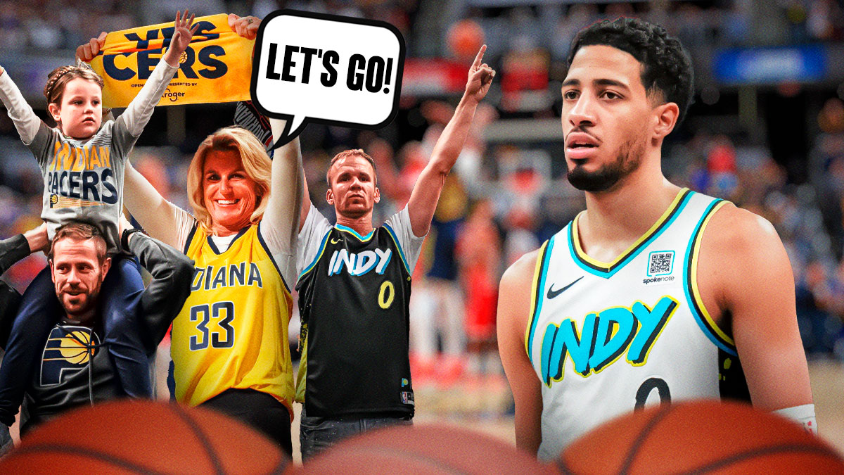 Tyrese Haliburton on one side, a bunch of Indiana Pacers fans on the other side with a speech bubble that says "Let's go!"