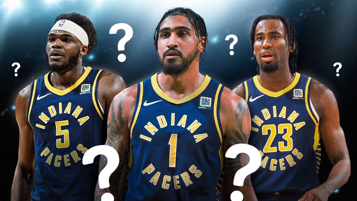 Pacers' Jarace Walker, Obi Toppin, and Aaron Nesmith looking serious, with question marks all over