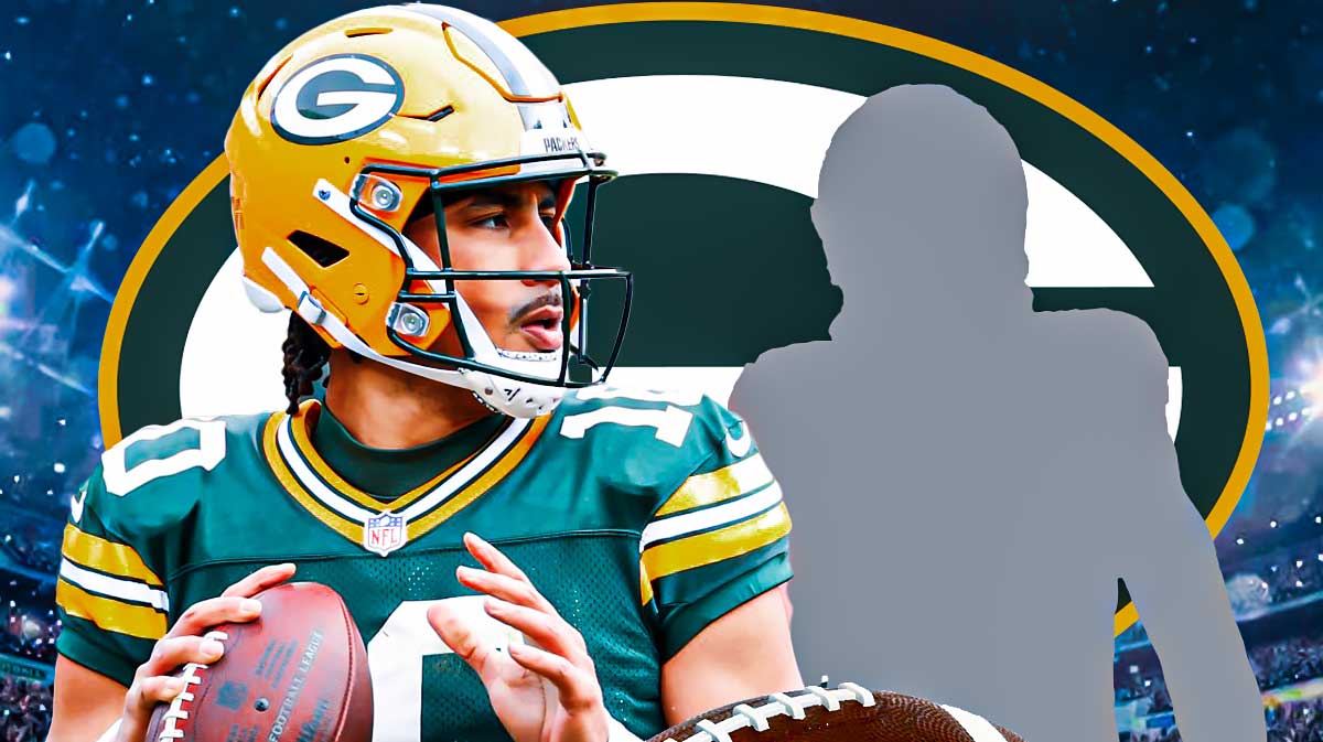 Jordan Love on left. Josh Jacobs silhouette on right. Packers logo behind them.