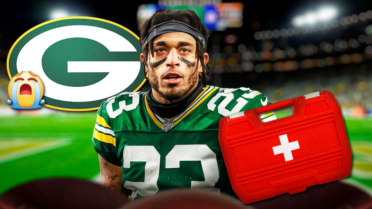 Packers cornerback Jaire Alexander with first-aid kits around him, and the Packers logo with a tear emoji running down it