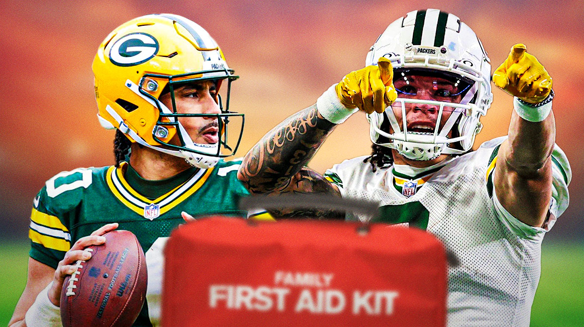 Packers' Jordan Love and Christian Watson with medical Red Cross symbol
