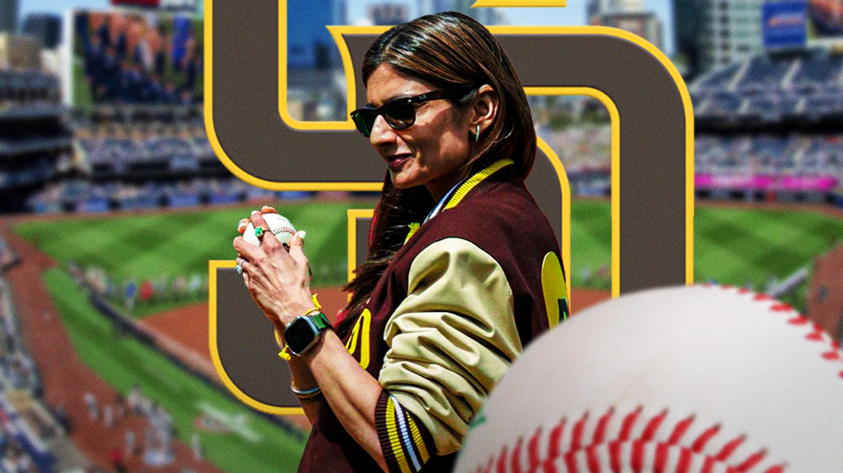 Sheel Siedler in Padres gear, Padres logo behind her