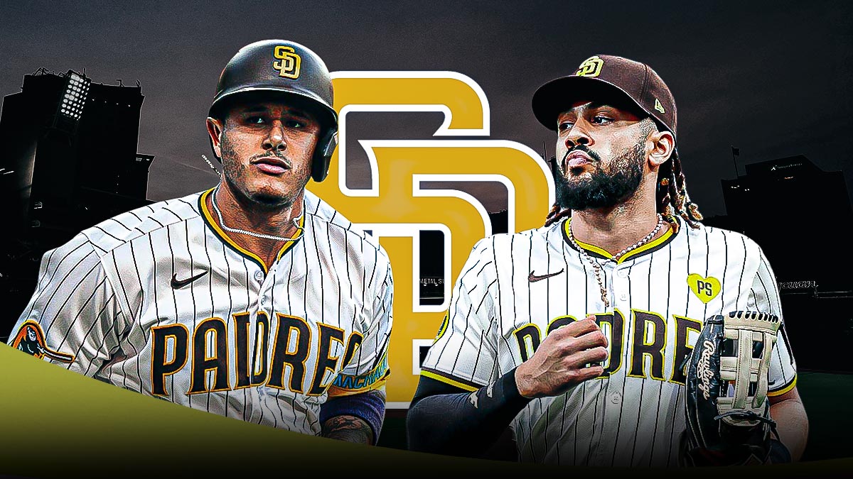 Fernando Tatis Jr. and Manny Machado in the center, with the San Diego Padres team logo behind.
