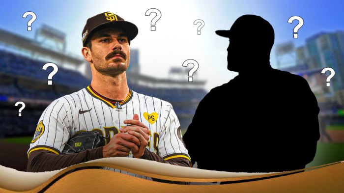 Padres' Dylan Cease with question marks all over him, with silhouette of Jack Flaherty beside him