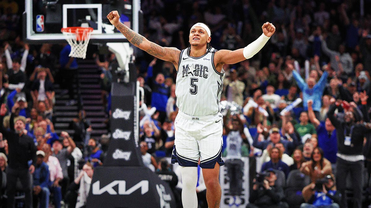 Orlando Magic forward Paolo Banchero (5) celebrates after play against the Milwaukee Bucks in the fourth quarter at Kia Center. 