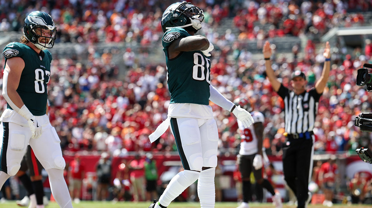 Sep 29, 2024; Tampa, Florida, USA; Philadelphia Eagles wide receiver Parris Campbell (80) celebrates after scoring a touchdown against the Tampa Bay Buccaneers in the second quarter at Raymond James Stadium.