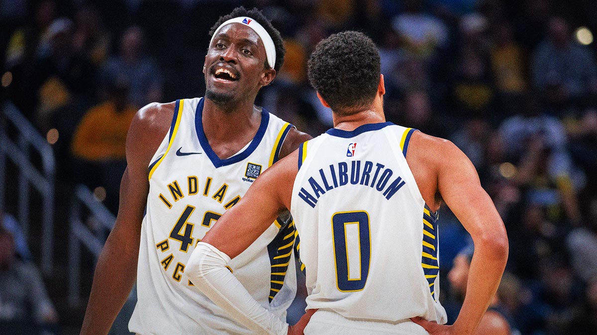 Indiana Pacers forward Pascal Siakam (43) and Indiana Pacers guard Tyrese Haliburton (0) in the second half against the Orlando Magic at Gainbridge Fieldhouse. 