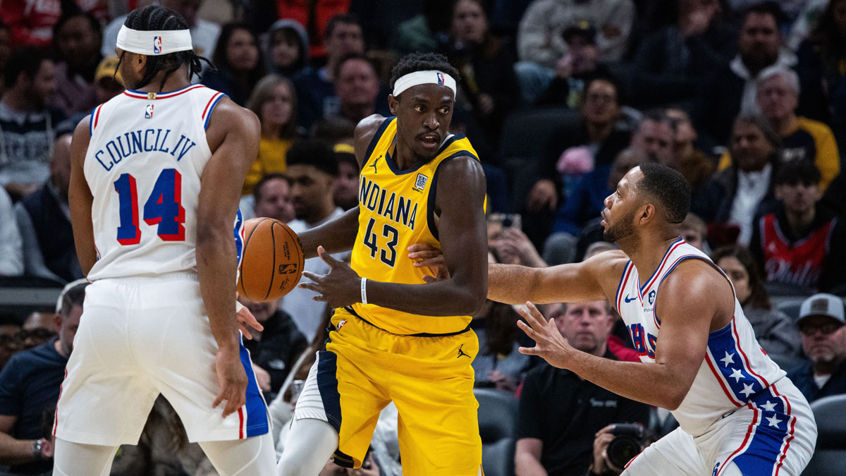 Indiana Pacers forward Pascal Siakam (43) dribbles the ball while Philadelphia 76ers guard Eric Gordon (23) defends in the second half at Gainbridge Fieldhouse.