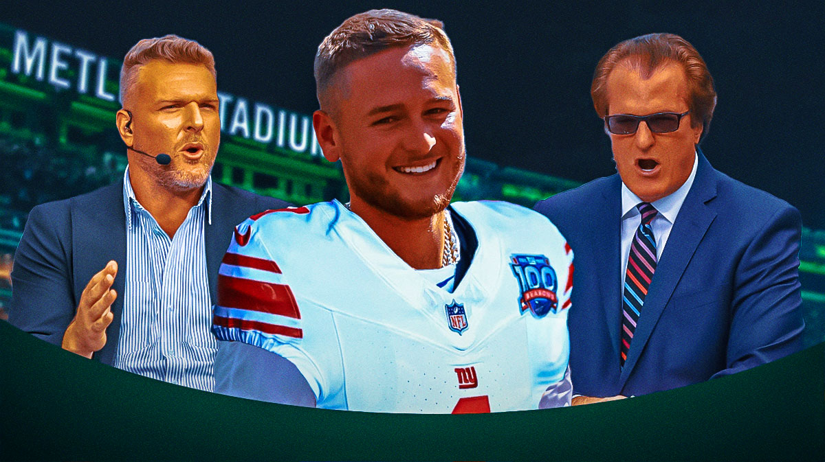Quinn Ewers in the middle with a New York Giants jersey on with Pat McAfee and Mel Kiper on either side.