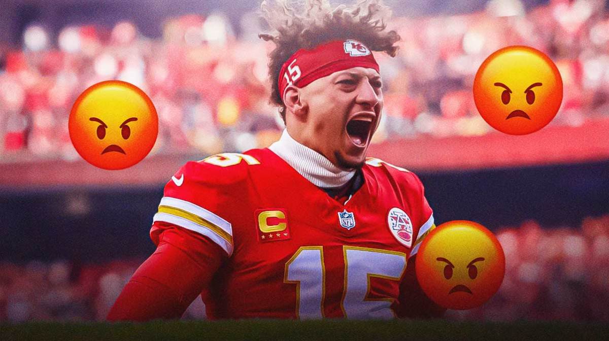 A photo of Patrick Mahomes screaming in the middle, with angry emojis all around him.