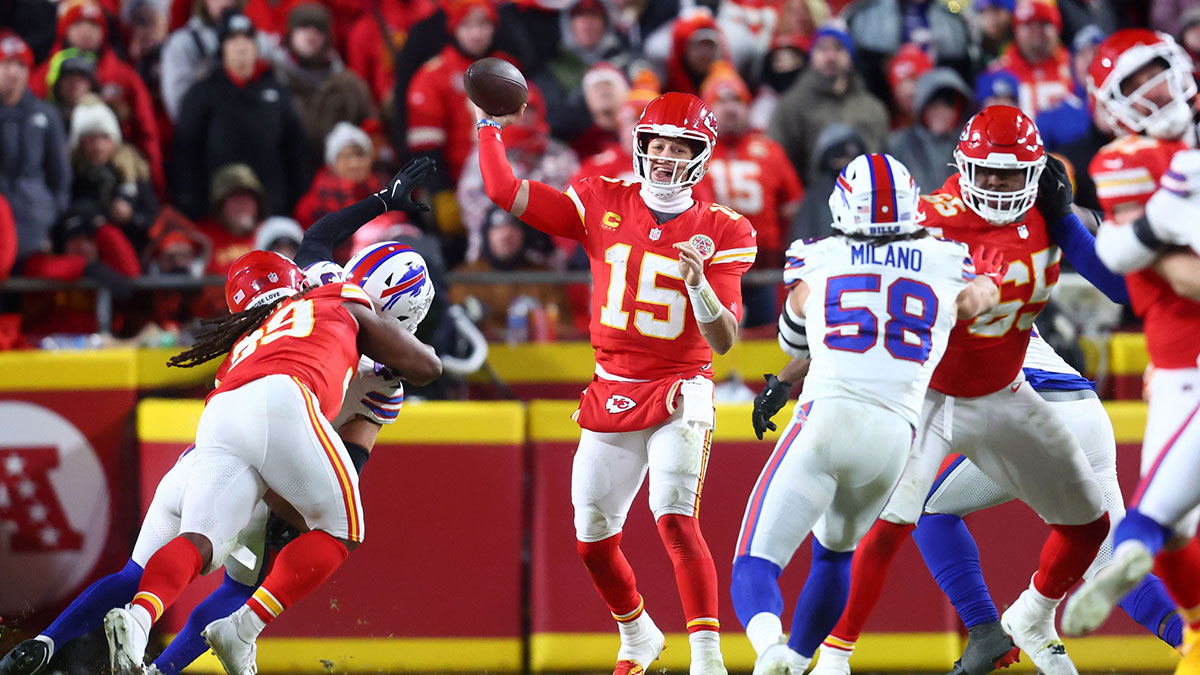 Kansas City Chiefs quarterback Patrick Mahomes (15) drops back to pass against the Buffalo Bills during the second half in the AFC Championship game at GEHA Field at Arrowhead Stadium.