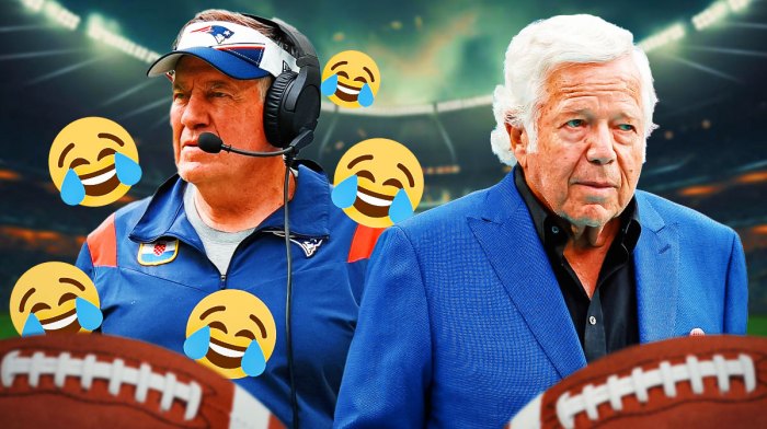 Bill Belichick laughing with laughing emojis around him, while Patriots owner Robert Kraft is next to him, looking frustrated