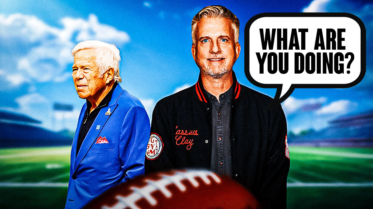 Bill Simmons with a thought bubble that says "What are you doing?" with Patriots owner Robert Kraft standing next to him