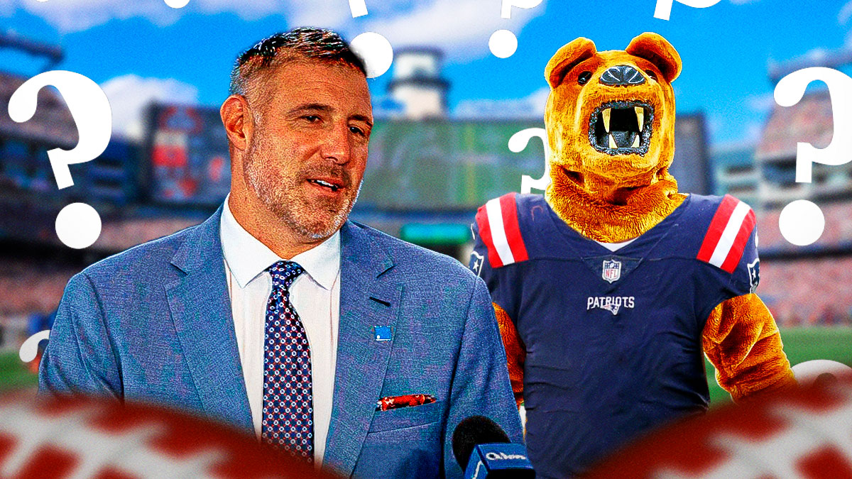 Mike Vrabel standing next to the Penn State Nittany Lions mascot (who is wearing a Patriots jersey) surrounded by question marks.