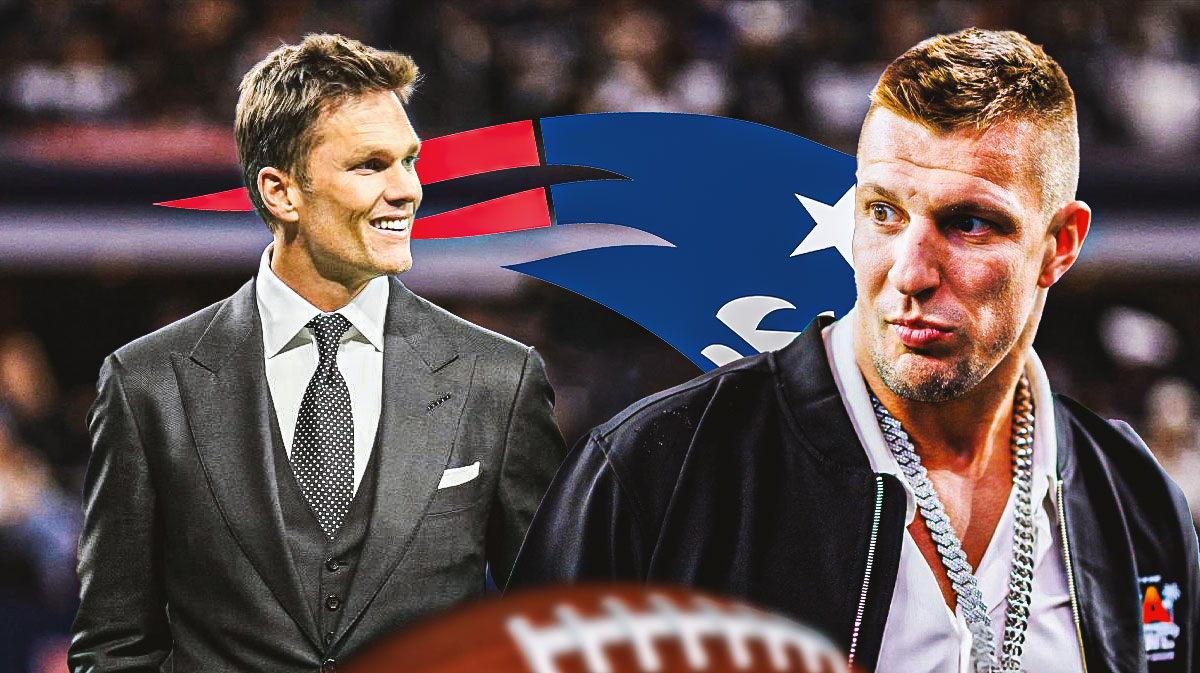 The New England Patriots logo in the middle, Tom Brady on one side, Rob Gronkowski on the other side
