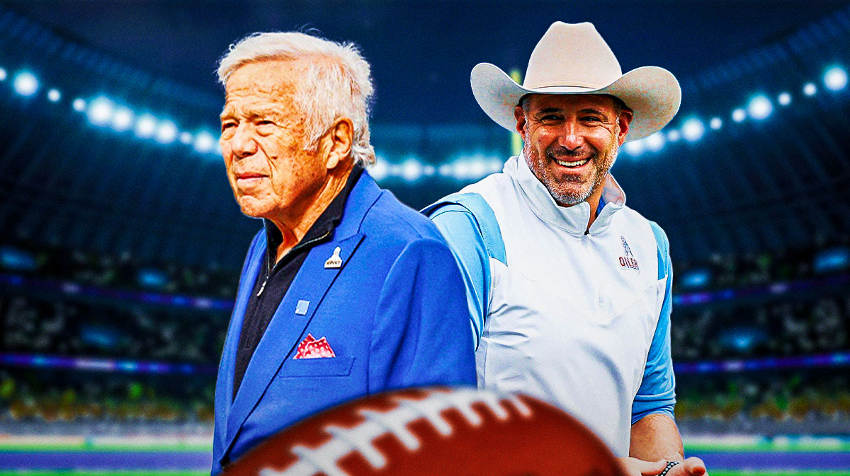 Robert Kraft and Mike Vrabel with a bunch of the big eyes emojis in the background