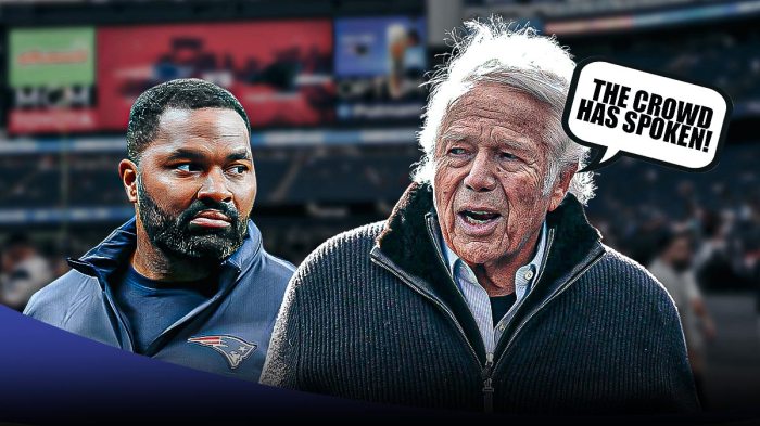 Former Patriots coach Jerod Mayo and Patriots owner Robert Kraft with a word bubble saying: The Crowd Has Spoken! with a crowd of fans behind them as angry fans led to Mayo's firing.