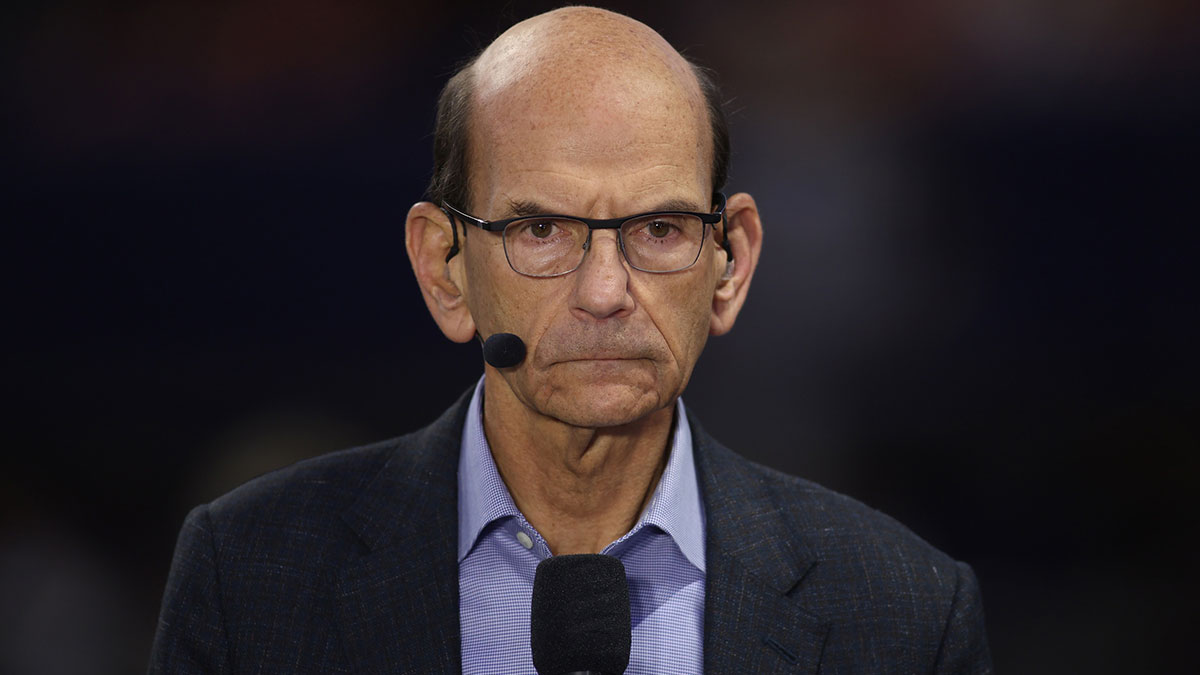 ESPN announcer Paul Finebaum before the 2024 SEC Championship game at Mercedes-Benz Stadium.