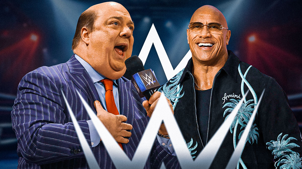 Paul Heyman next to The Rock in front of the WWE logo