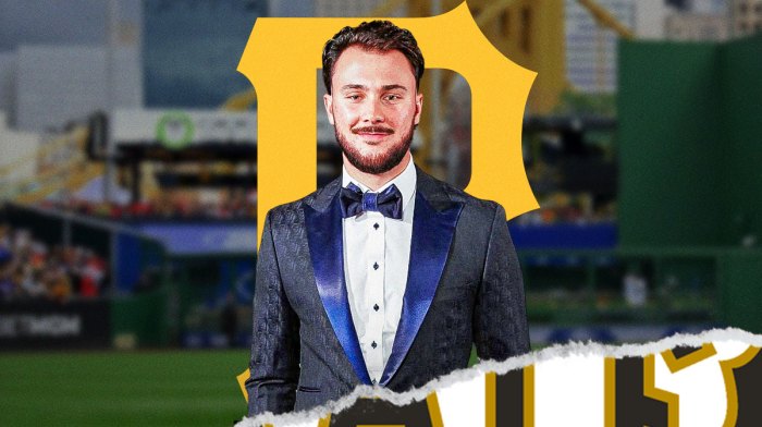 Paul Skenes next to Pirates logo.