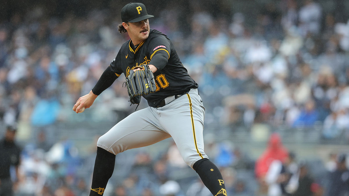 Sep 28, 2024; Bronx, New York, USA; Pittsburgh Pirates starting pitcher Paul Skenes (30) pitches against the New York Yankees during the second inning at Yankee Stadium.