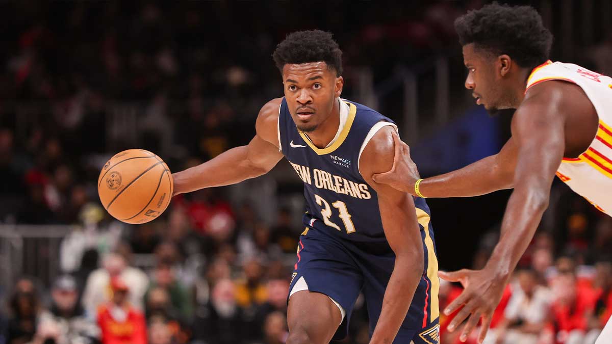 New Orleans Pelicans center Yves Missy (21) dribbles against the Atlanta Hawks in the fourth quarter at State Farm Arena. 