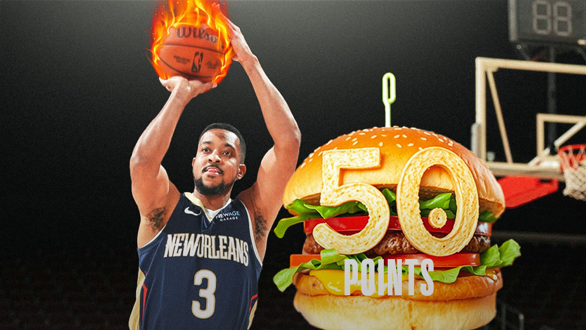 CJ McCollum shooting a ball of fire and a hamburger with "50 points" is in between the two buns