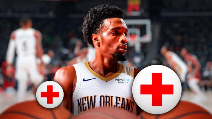 Pelicans F Herb Jones next to injury cross logo