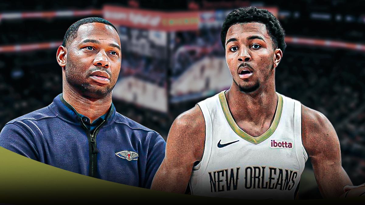 Pelicans HC Willie Green and G Trey Murphy III on background of New Orleans