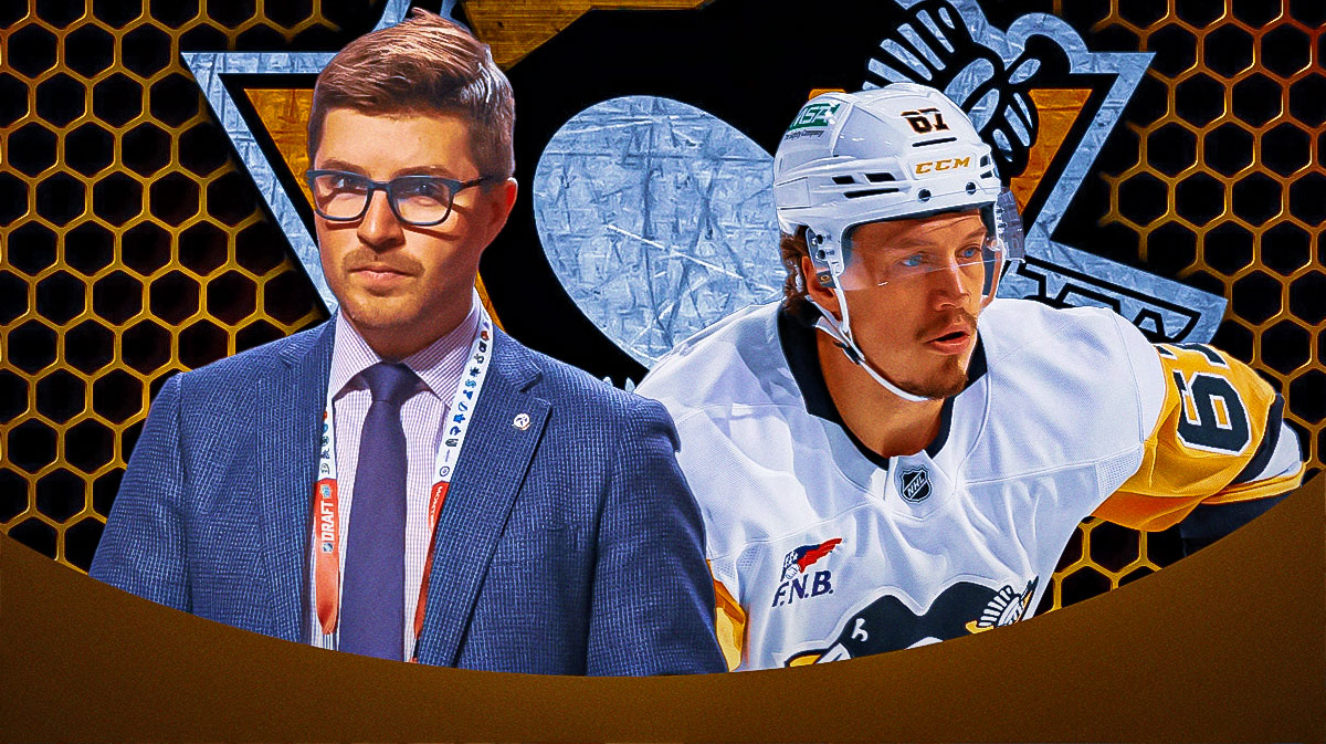 Kyle Dubas and Rickard Rakell. Penguins logo behind them