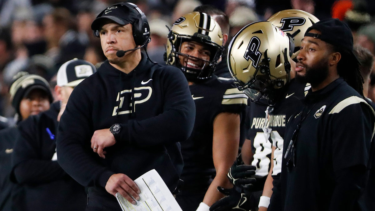 Purdue Boilermakers head coach Ryan Walters looks down field Saturday, Nov. 16, 2024, during the NCAA football game against the Penn State Nittany Lions at Ross-Ade Stadium in West Lafayette, Ind. Penn State Nittany Lions won 49-10.