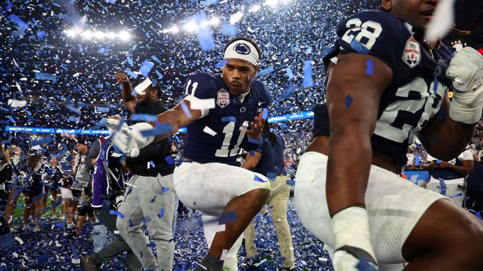 Penn State Nittany Lions defensive end Abdul Carter (11) reacts with teammates after defeating the Boise State Broncos in the Fiesta Bowl at State Farm Stadium.