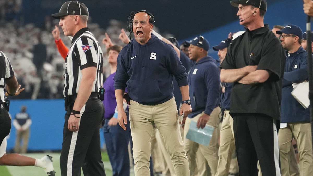 Dec 31, 2024; Glendale, AZ, US; Penn State Nittany Lions head coach James Franklin yells out to the referees from the sidelines as they play the Boise State Broncosin the Vrbo Fiesta Bowl matchup at State Farm Stadium.