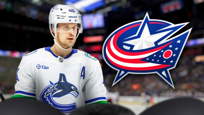 Elias Pettersson next to Blue Jackets logo
