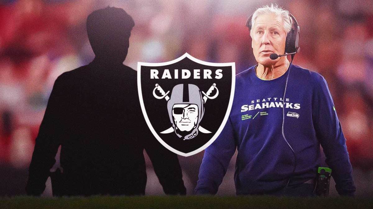 Pete Carroll next to mystery coach with Raiders logo.