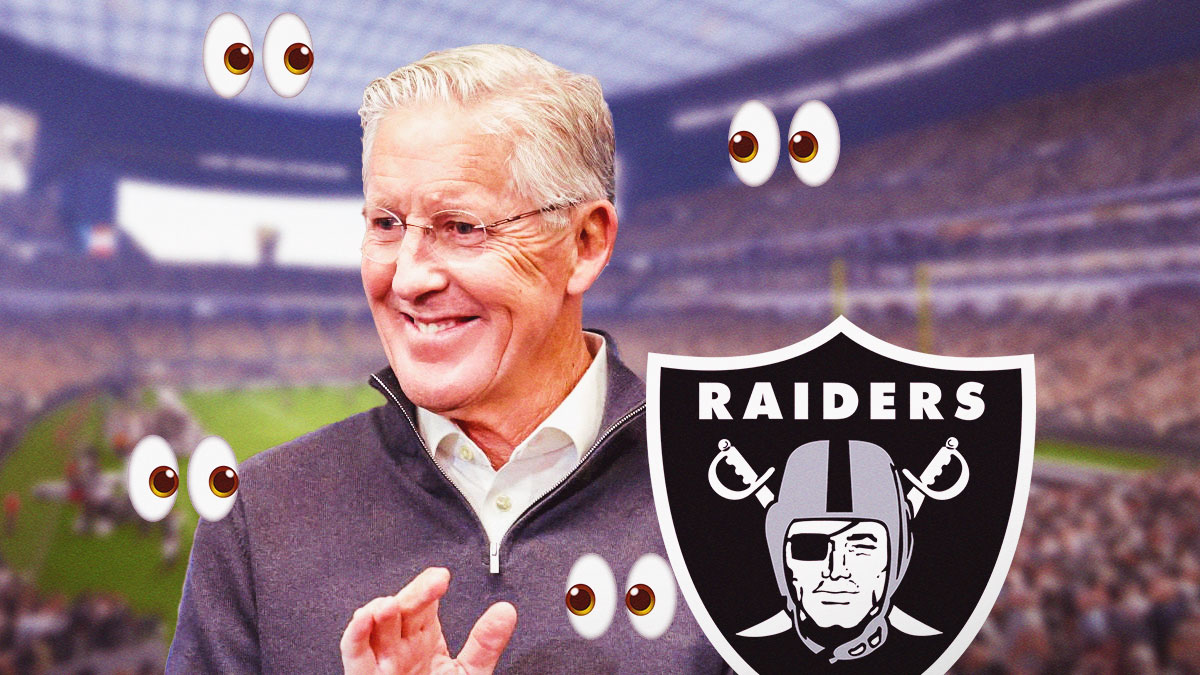 Pete Carroll, Las Vegas Raiders logo, eyes symbols surrounding Carroll